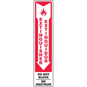 Image of a Bilingual English/Spanish Fire Extinguisher Signs w/ Arrow, 4"w x 18"h as described in the product description.