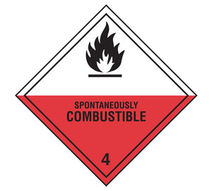 A photograph of a 03034 class 4 spontaneously combustible dot shipping labels, with 500 per roll.