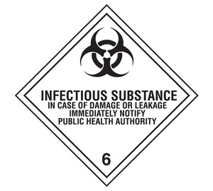 A photograph of a 03048 class 6 infectious substance dot shipping labels, with 500 per roll.