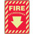 An image of a Photoluminescent Fire Extinguisher Sign.  The words  FIRE EXTINGUISHER and a down pointing arrow are in glow-in-the-dark material on a red background.  Red and  glow-in-the-dark striping frame the outside of the sign.