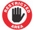 A red and white photograph of a 05217 anti-slip safety floor markers, reading restricted area with graphic.