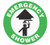 A green and white photograph of a 05223 anti-slip safety floor markers, reading emergency shower with arrow graphic.