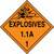 An orange and black photograph of a 03080 dot explosives placards, reading explosives 1.1A 1 with graphic.