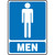 A photograph of a 03457 restroom sign.  The sign has a graphic of man above the word MEN, both in white on a blue background.