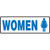 A photograph of a 03463 blue on white women restroom signs with graphic, and dimensions. 12 w x  4 h.