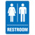 A photograph of a 03463 restroom sign.  White pictographs of the internationally-recognized male and female pictograms are above the word "RESTROOM" all in white on a blue background.