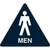 An image of a California ADA Rest Room Sign.  The word "MEN" and the outline of a male figure are in white on a black triangle.