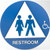 An image of a California Title 24 ADA Gender Neutral/Wheelchair Accessible Rest Room Sign.  The word "RESTROOM" and the outline of a triangle are in white on a blue circle.  A male and a female figure in blue are imposed on the white triangle. A white wheelchair icon appears on the blue circle.