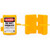 A photograph of a yellow 07001 zing recyclockout™ forklift propane tank lockout device both opened and closed.
