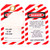 A photograph of a red and white 07090 self-laminating lockout photo tags, with laminate lining still being removed.