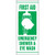 A photograph of a 04031 First Aid Safety Banner: Emergency Shower and Eye Wash.   There is a a white on green graphic of a person's head being washed by the shower and eyewash.    Green lettering on a white background surrounds the graphic:  "FIRST AID" above and "EMERGENCY SHOWER AND EYE WASH"  below the image. 