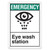A photograph of a 09391 Emergency Eye Wash Station ANSI Sign.  The EMERGENCY header is in white lettering on a green background.  Below is a black graphic on a white background of a large eye being washed followed by the text "Eye wash station." 