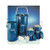 A photograph of 25000 DILVAC blue metal-cased glass Dewar flasks, with 4.5, 10, 1, and 2 liter flasks shown (left to right).