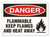 A photograph of a 01559 danger, flammable keep flames and heat away OSHA sign with flame icon.