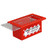 A photograph of a red 07062 26-lock red steel group lockout box with clear sliding lid.