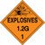 An orange and black photograph of a 03081 dot explosives placards, reading explosives 1.2G 1 with graphic.