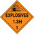 An orange and black photograph of a 03082 dot explosives placards, reading explosives 1.3H 1 with graphic.