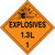 An orange and black photograph of a 03082 dot explosives placards, reading explosives 1.3L 1 with graphic.