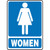 A photograph of a 03458 restroom sign.  The sign has a graphic of woman above the word WOMEN, both in white on a blue background.
