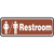 A photograph of a brown and white 03464 restroom sign with graphic, and dimensions 10" w x 3" h.