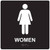 A photograph of a black 03513 ADA braille tactile restroom sign, reading women with female icon, and dimensions 8"w x 8"h.