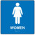 A photograph of a blue 03513 ADA braille tactile restroom sign, reading women with female icon, and dimensions 8"w x 8"h.