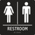 A photograph of a black 03510 ADA braille tactile sign, reading restroom with female and male icons, and dimensions 8"w x 8"h.