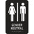 A photograph of a black 03508 ADA braille tactile restroom sign, reading gender neutral with female and male icons.