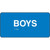 A photograph of a blue 03507 boys ADA braille tactile sign, with text only, and dimensions 6" w x 3"h.