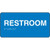 A photograph of a blue 03507 restroom ADA braille tactile sign, with text only, and dimensions 6" w x 3"h.