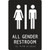 A photograph of a black 03522 ADA braille tactile restroom sign, reading all gender restroom with female and male icons.
