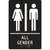 A photograph of a black 03522 ADA braille tactile restroom sign, reading all gender with female and male icons.