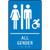 A photograph of a blue 03523 ADA braille tactile restroom sign, all gender with female, male and modified accessibility icons.