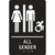 A photograph of a black 03523 ADA braille tactile restroom sign, all gender with female, male and modified accessibility icons.