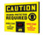 A photograph of a yellow and black 11107 OSHA caution industrial decibel meter sign, reading hearing protection required, and dimensions 20" x 24" .