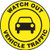 This black and yellow sign reads "Watch Out Vehicle Traffic" in a yellow strip along the border. The center features a black image of a car on a yellow background. Use in areas that see frequent vehicle traffic and usage.