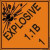 An orange and black photograph of a 03062 dot explosives shipping label, reading explosives 1.1B 1 with graphic.