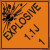 An orange and black photograph of a 03062 dot explosives shipping label, reading explosives 1.1J 1 with graphic.