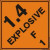 An orange and black photograph of a 03065 dot explosives shipping label, reading explosives 1.4F 1 with graphic.