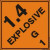 An orange and black photograph of a 03065 dot explosives shipping label, reading explosives 1.4G 1 with graphic.