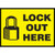 An image of a 07027 Lockout/Tagout Label.  This bright yellow label has the words"LOCK OUT HERE" in bold black lettering next to an image of a padlock.