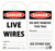 An image showing both the front and back of the tag side by side.  The front of these tags features the text: 'DANGER LIVE WIRES" in bold black and white text, with a space for signature and date. The back features the text: "DANGER DO NOT REMOVE THIS TAG!", and an area to write remarks. 