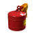 Photograph of a red 5 gallon, Justrite Type I Steel Safety Can with funnel attached.  Back, top view.