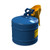 Photograph of a blue 5 gallon, Justrite Type I Steel Safety Can with funnel attached.  Back, top view.