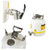 Three images of Justrite 5 Gallon HPLC Safety Disposal Can w/ Quick-Disconnect Fittings and Faucet:  close up of the faucet, top view of a can with lid open, compete can with lid closed.