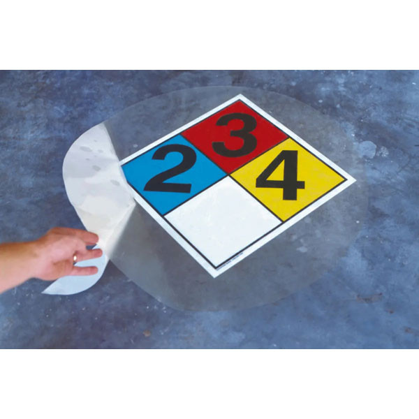 Photograph of NFPA floor sign showing placement of over laminate cover.