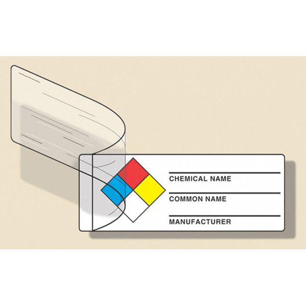 Drawing of NFPA self laminating label with colored boxes, and chemical name, chemical name, and manufacturer designations.