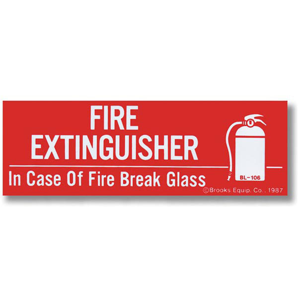 Picture of a Fire Extinguisher - In Case of Fire Break Glass self-adhesive label w/ icon, 6"w x 2"h vinyl.