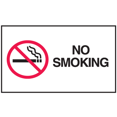 Drawing of black and white no smoking mini instructional label with graphic.