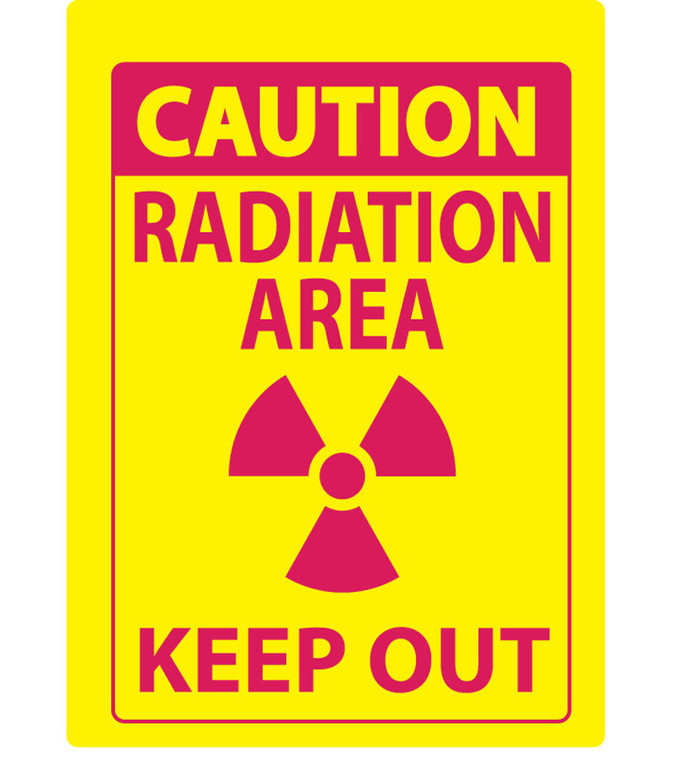 An image of an 01613 Zing Safety sign.  These yellow signs feature a magenta "CAUTION" header followed by the text "RADIATION AREA", the  radiation symbol and then the text "KEEP OUT" all in magenta.